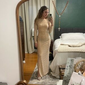 Nude maxi side slit dress pearl embellishments
Vintage Glam Sm
